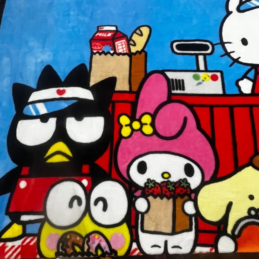 Sanrio Hello Kitty and Friends Kawaii Mart‎ Plush Throw Blanket Blue Red Fleece